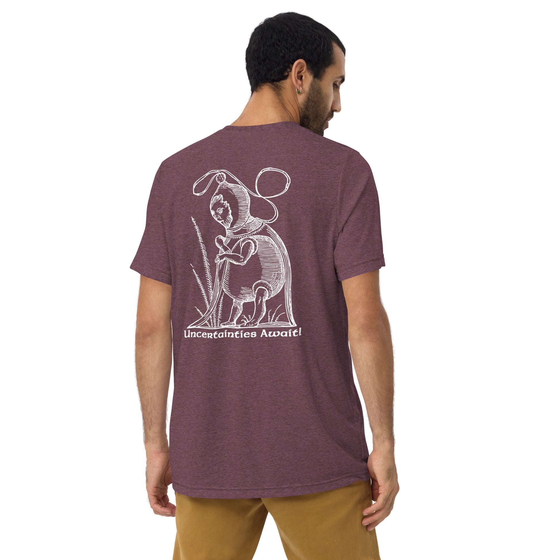 Model shown from the back in maroon vintage-fit tee with Pantagruel’s Dreams surreal woodcut.