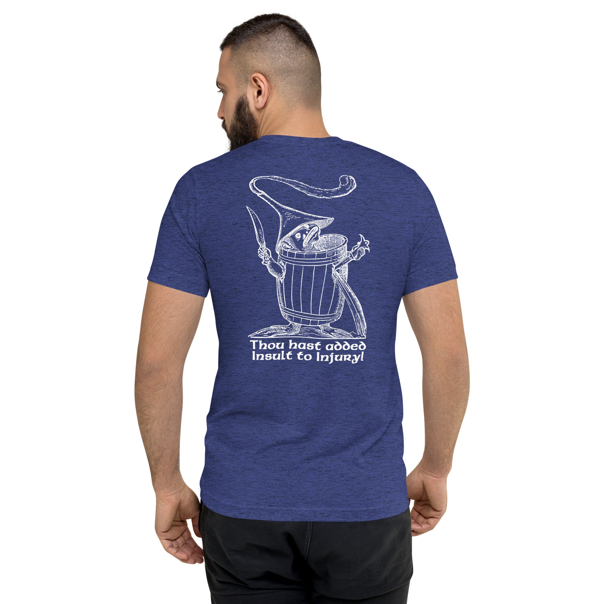 Navy blue t-shirt showcasing Pantagruel’s Dream woodcut design with the phrase ‘Thou hast added Insult to Injury!’ in vintage medieval style.