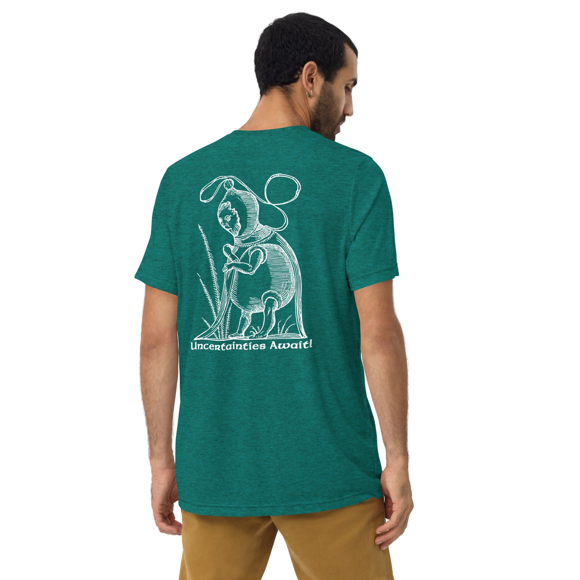 Back angle of model sporting teal tee with monochrome woodcut art from Pantagruel’s Dreams.