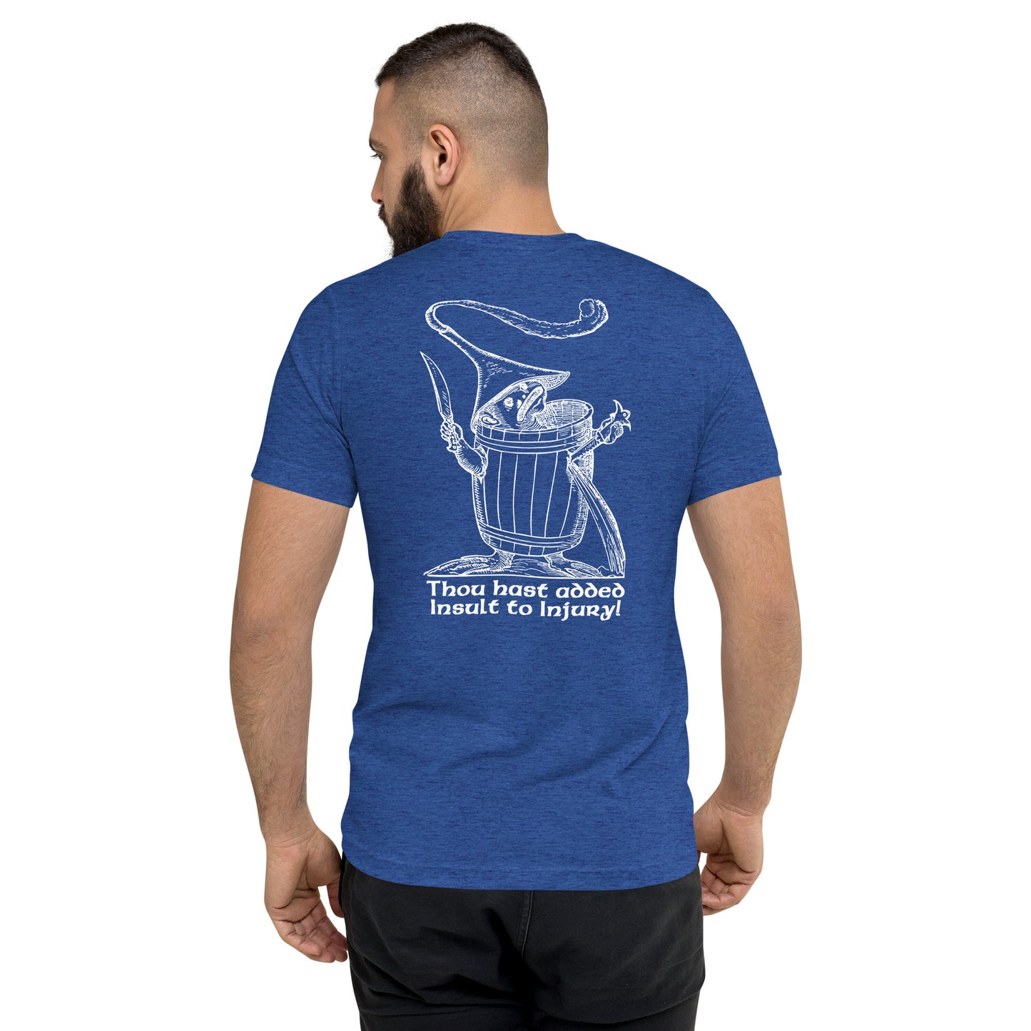 True royal blue t-shirt with Pantagruel’s Dream woodcut graphic featuring a surreal creature and ‘Thou hast added Insult to Injury!’ phrase.