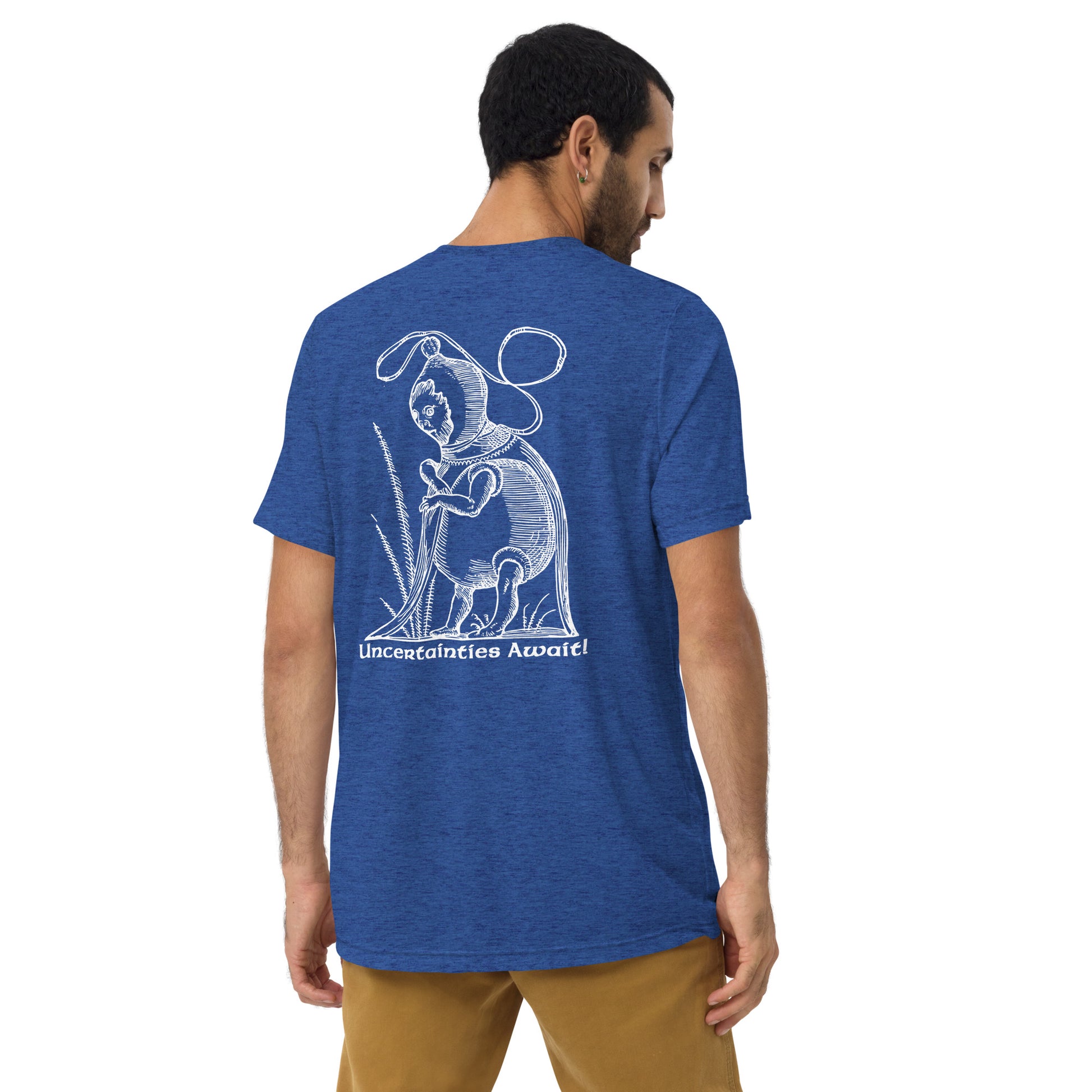 Rear view of model in true royal blue graphic tee with woodcut creature from Pantagruel’s Dreams.