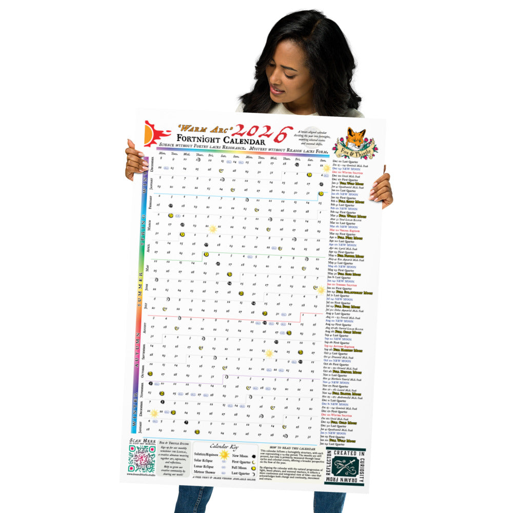 Woman holding a large 2026 Fortnight Calendar with a colorful design.