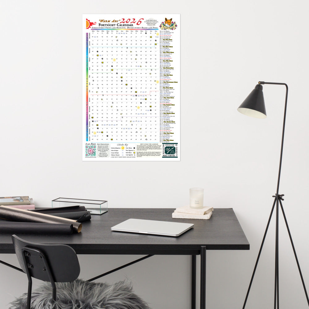 Calendar on a wall above a desk with office supplies