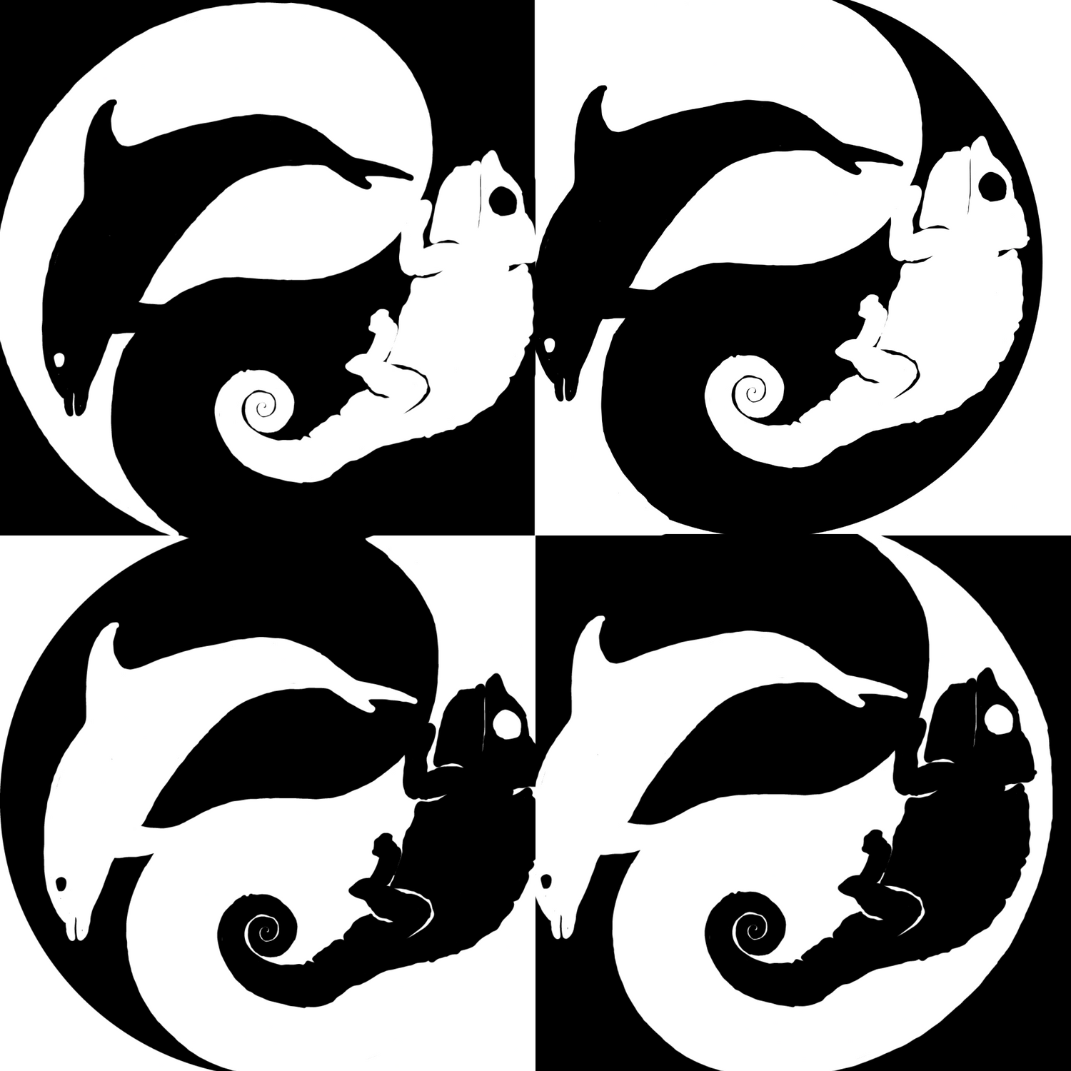 Black and white illustration of a dolphin and chameleon in a circular design on a black and white checkered background.