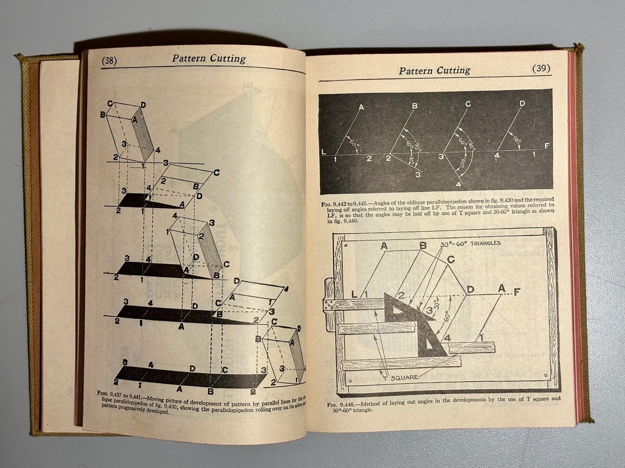 Open book with illustrations of pattern cutting on a gray background