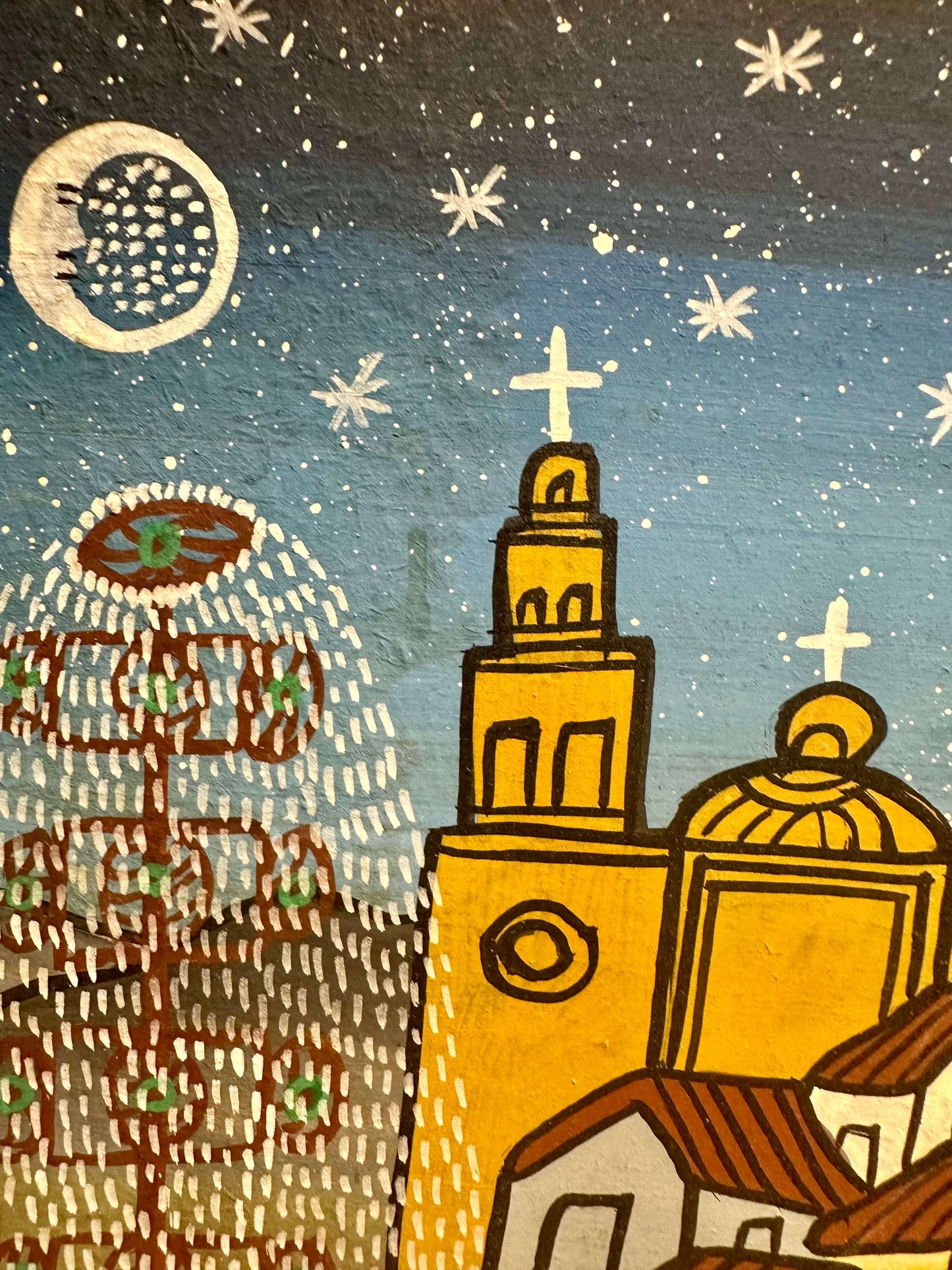 Illustration of a church with a starry night sky and moon.