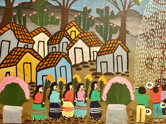 Artistic depiction of houses and people in a village setting with colorful roofs and clothing.