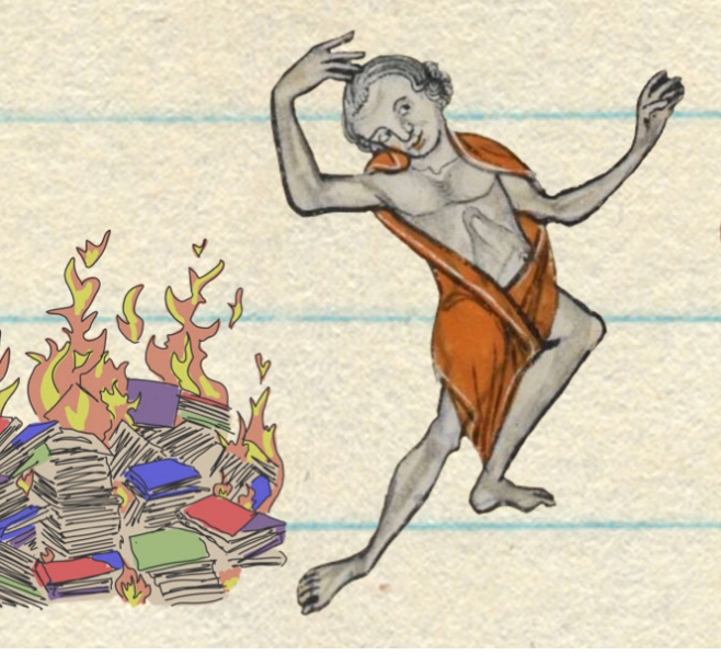Illustration of a person in an orange garment dancing near burning books on lined paper.