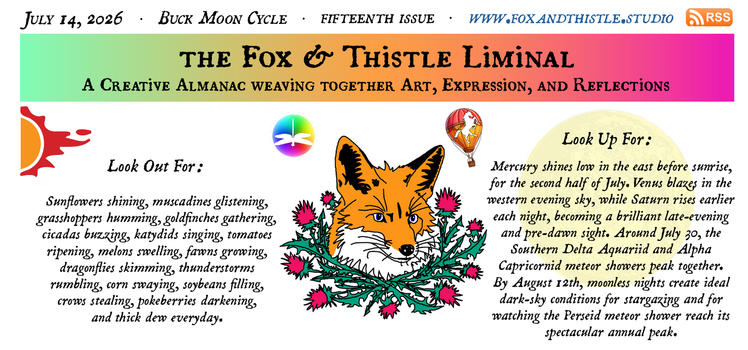 A square art print or poster titled 'The Fox & Thistle Liminal' with a colorful header, text about lunar cycles and mood, and an illustration of a fox surrounded by flowers and a hot air balloon.