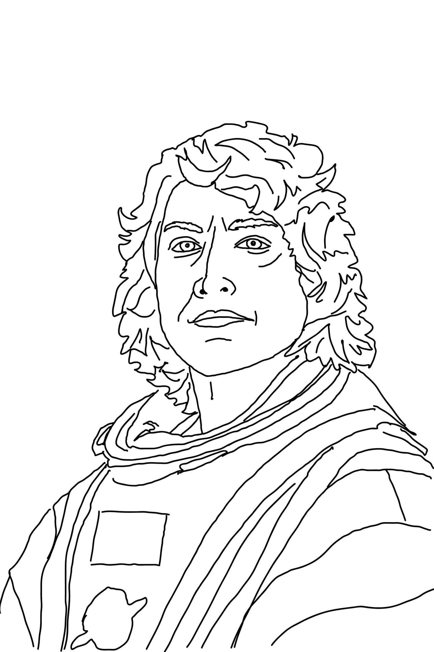 Line drawing of a person with long hair and a robe on a white background wearing an astronaut suit.