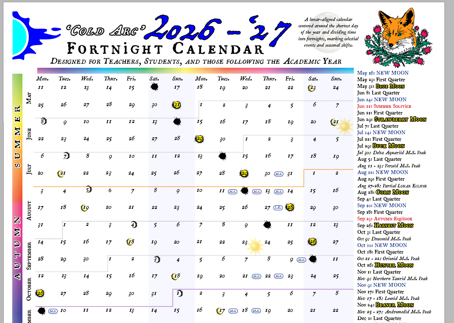 Fortnight calendar for 2026-27 with fox illustration and academic year details.
