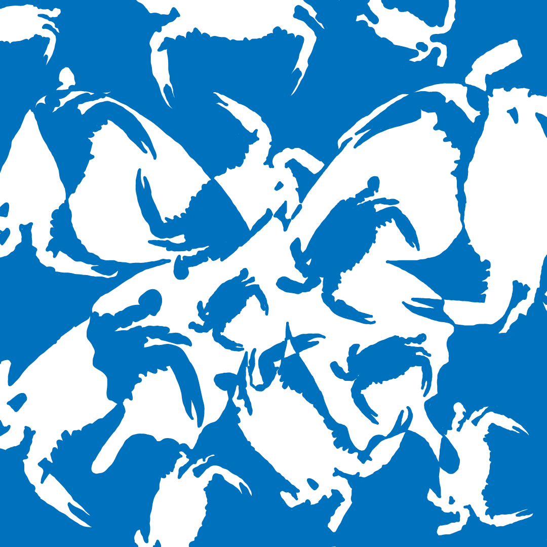 Pattern of white crabs on a blue butterfly background