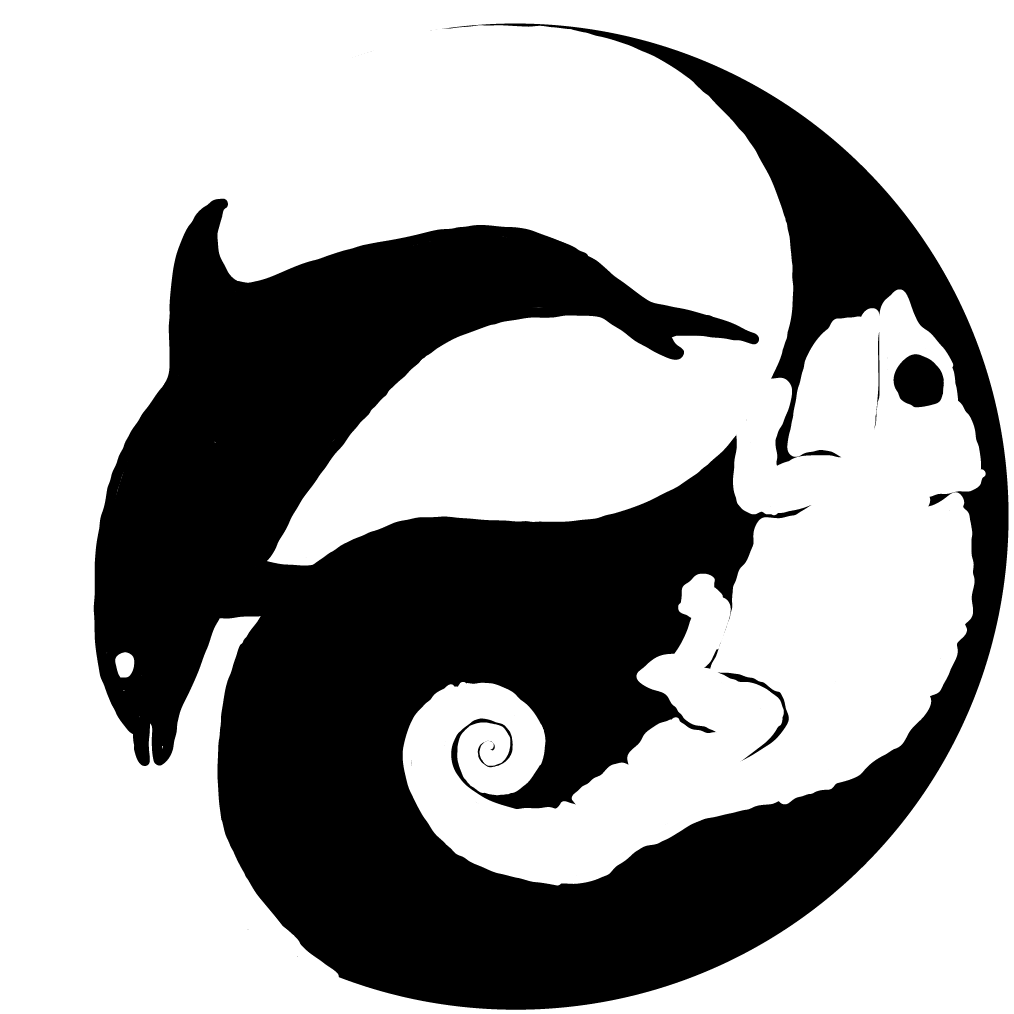 Yin yang symbol with a dolphin and a chameleon inside on a white and black background