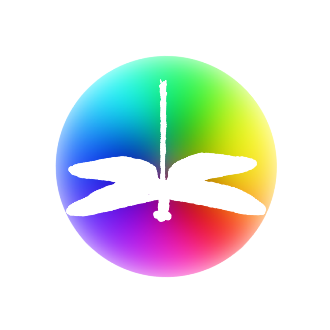 A white dragonfly silhouette facing downward in a circle spectrum of many colors outlined by a thin white band of white. The Liminal publication icon.