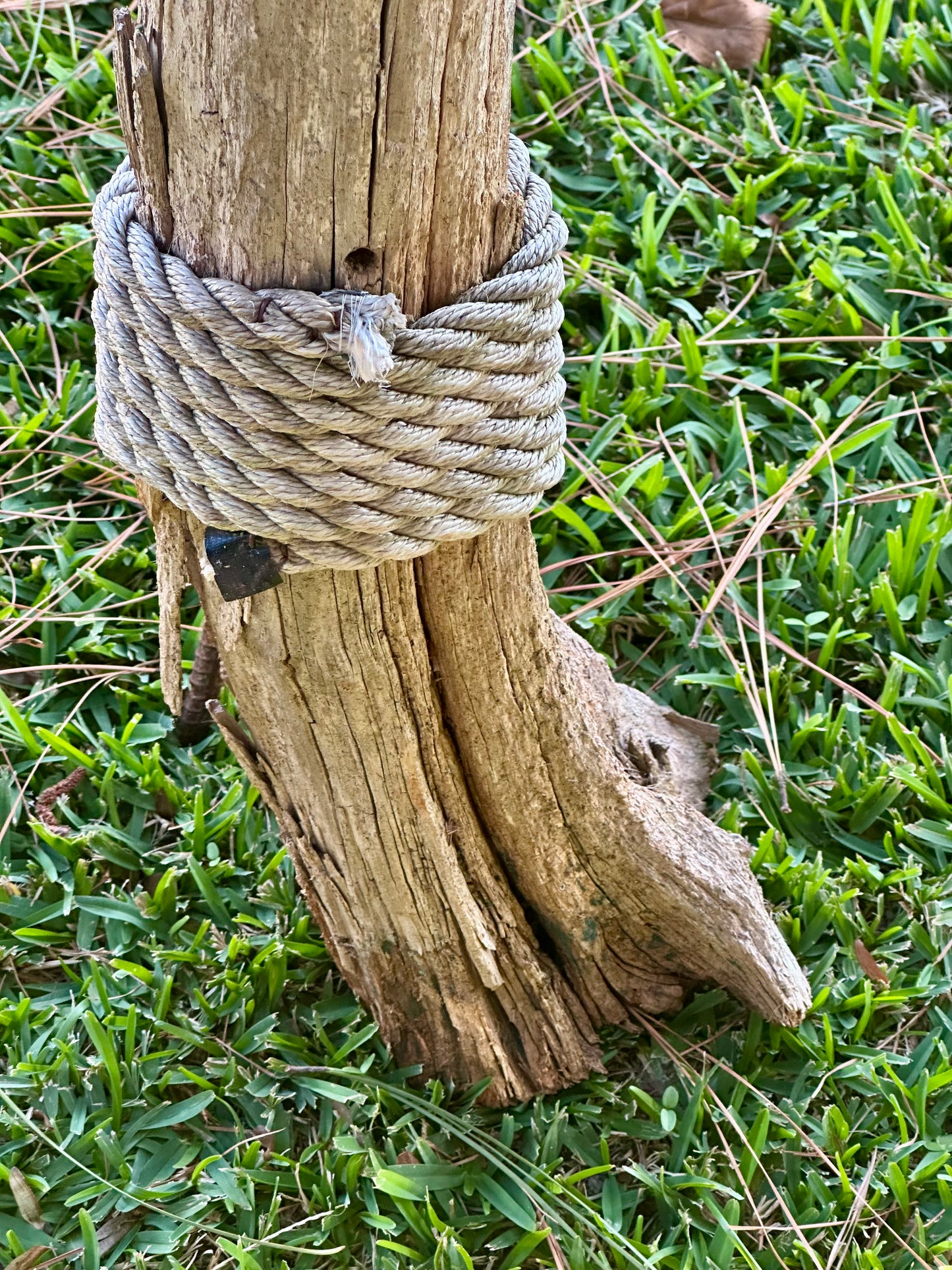 Rope tied around a wooden arch on grass