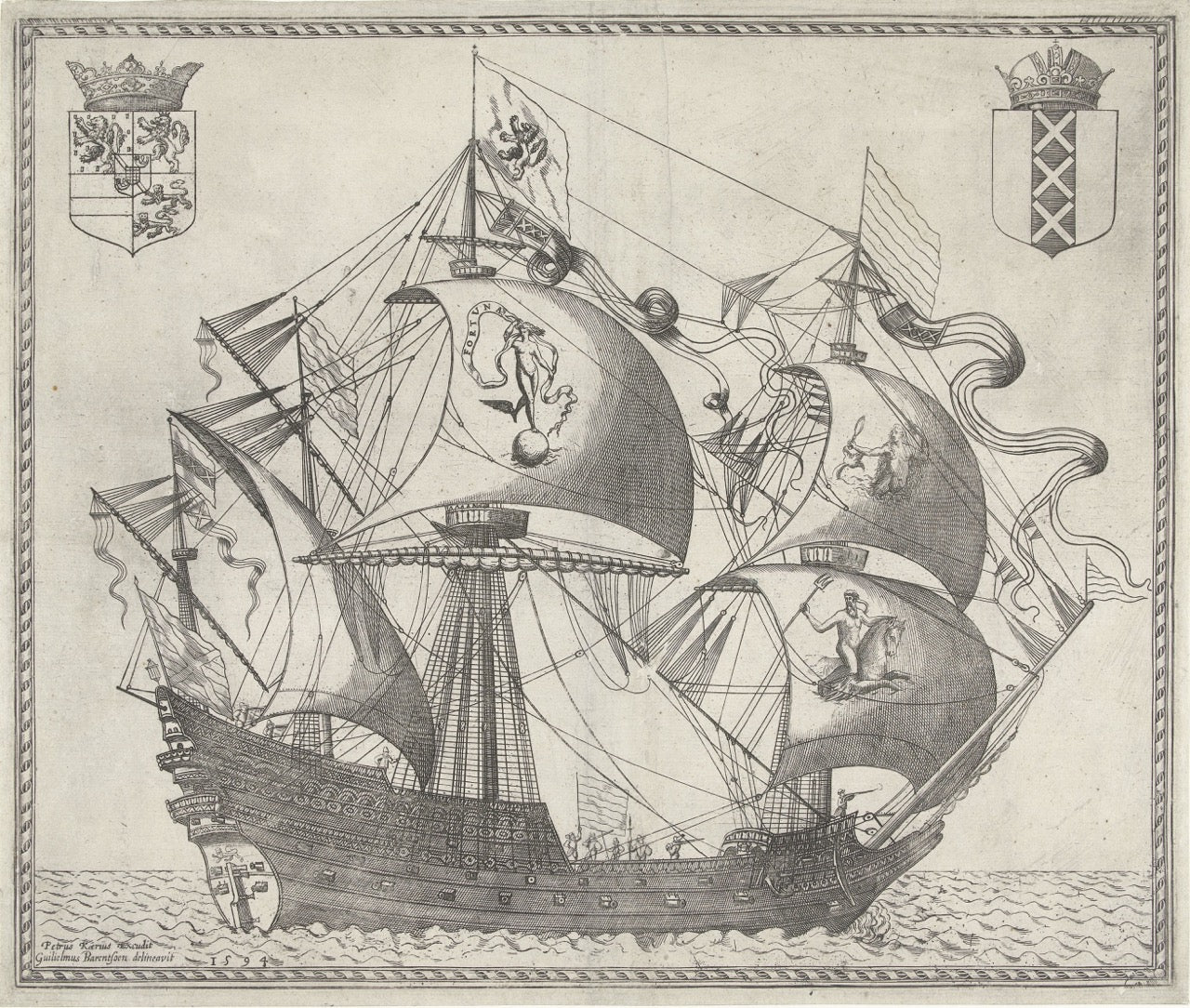 Black and white illustration of a ship with detailed sails and rigging, framed by crests on a beige background.