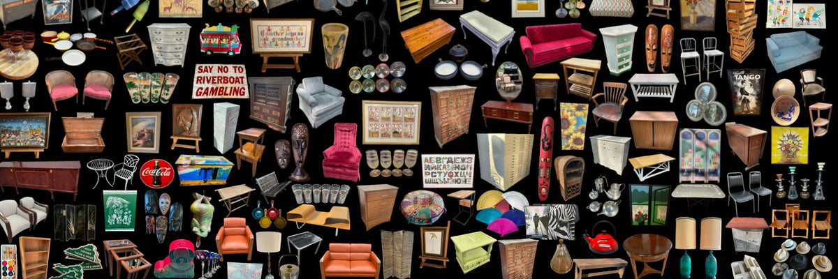 A dense collage of many vintage furniture and home decor items arranged against a black background, including chairs, tables, lamps, cabinets, rugs, and musical instruments.