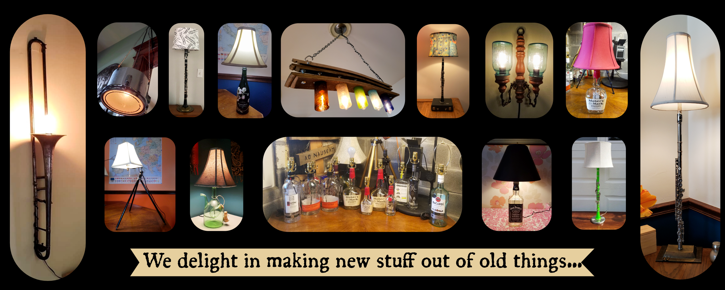 Upcycled lamps made from vintage instruments, tripods, and bottles, displayed on a black background with caption: ‘We delight in making new stuff out of old things…’ Crafted in our studio in Tidewater, Virginia.