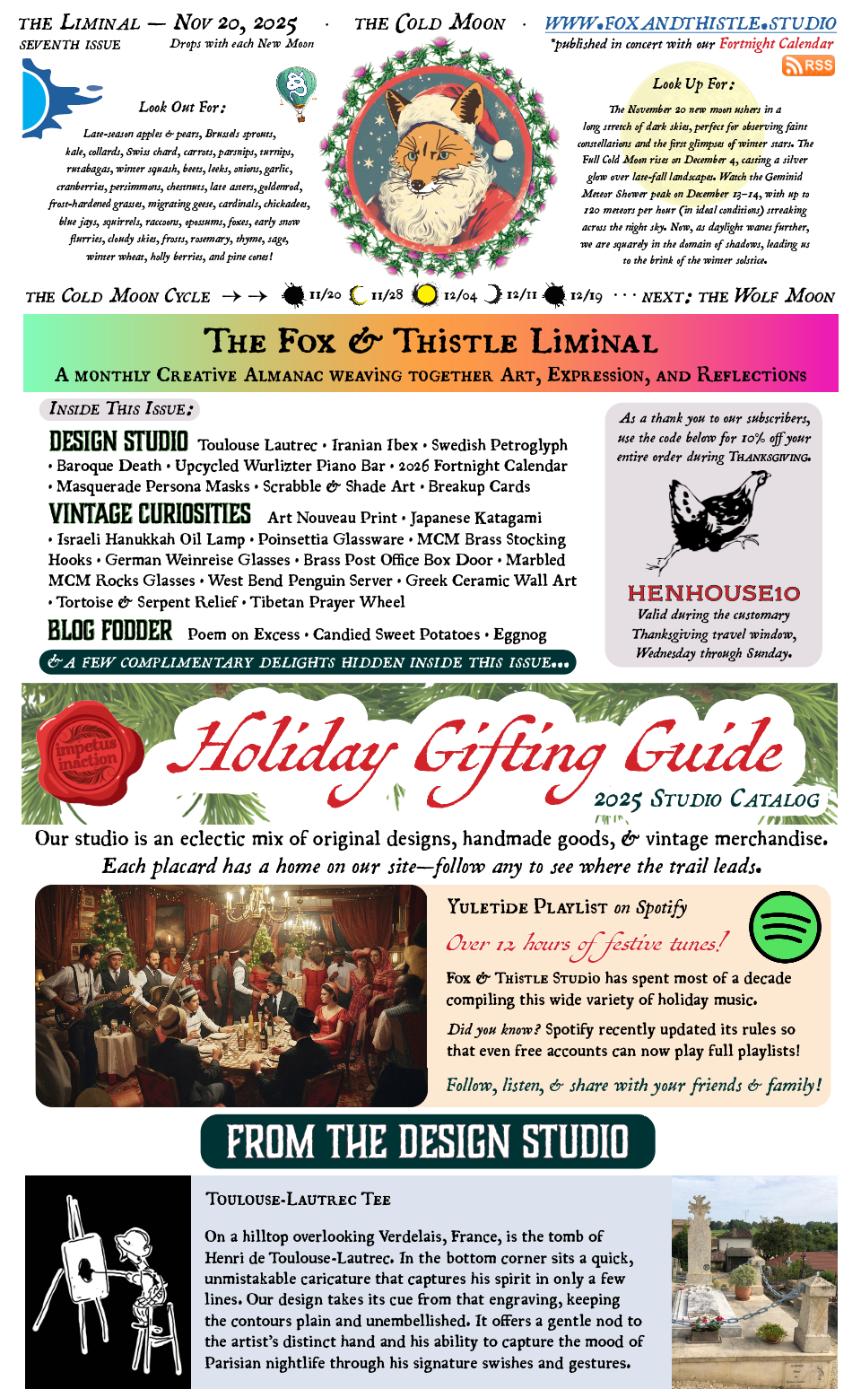 Multicolored magazine or catalog cover with text and images of a Santa Claus figure, vintage items, and a design studio.