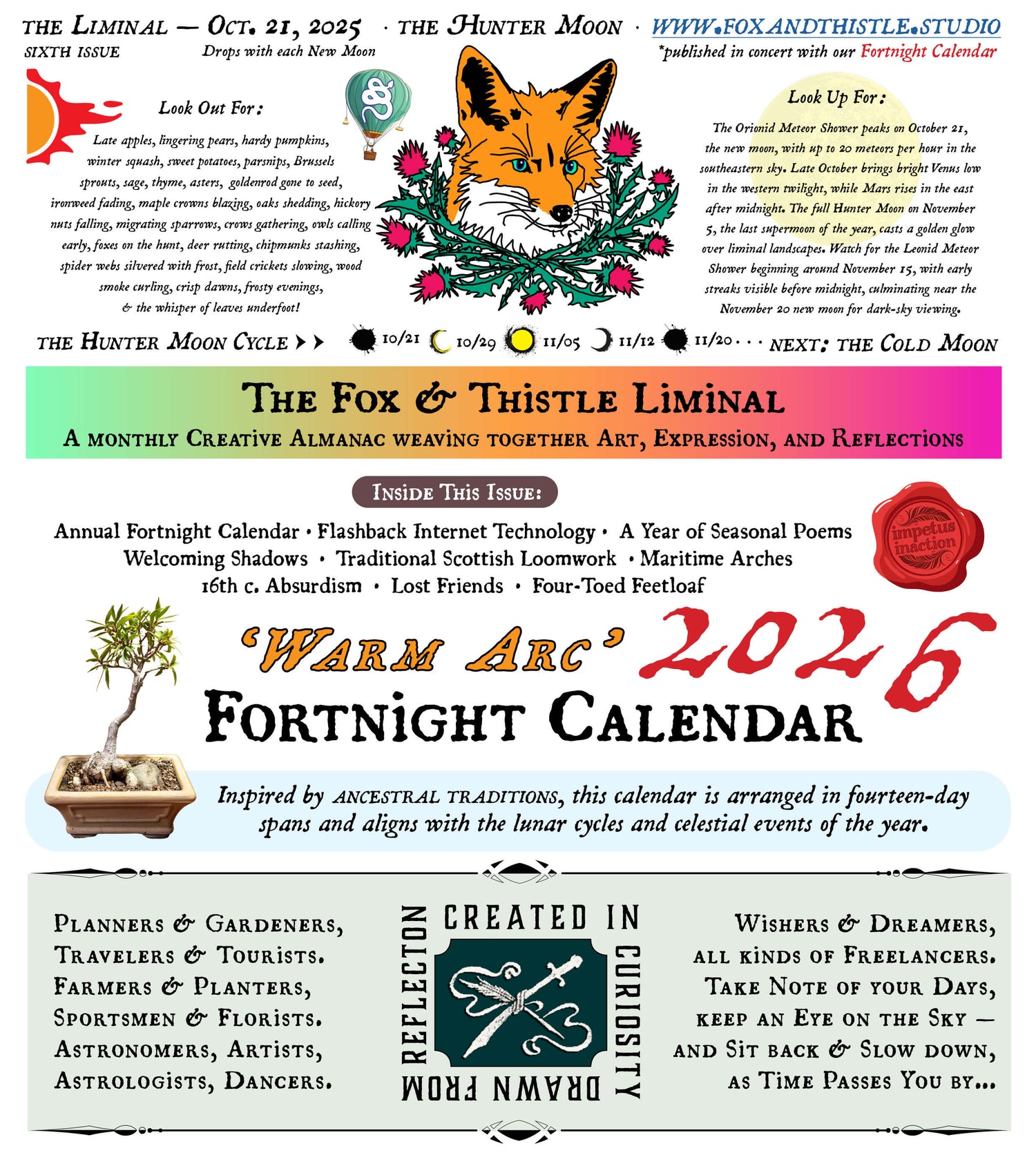 Promotional flyer for 'The Fox & Thistle Liminal' with text and graphics about a 2026 Fortnight Calendar.