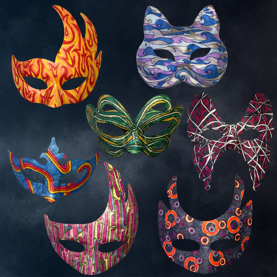 Group of masquerade masks displayed on a moody background.