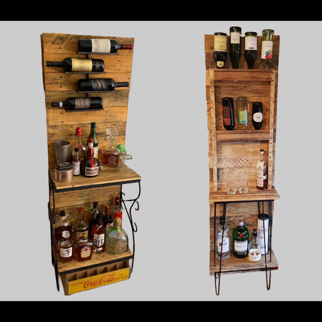Wine bars crafted by Fox & Thistle Studio from chemical-free pallets and reclaimed aquarium stands, assembled with mostly secondhand materials except screws.