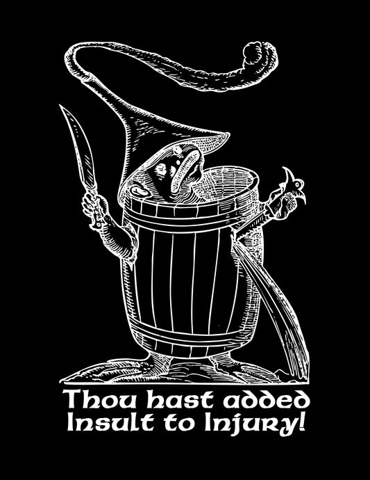 16th-century-inspired woodcut graphic t-shirt titled ‘Insult to Injury’ from Pantagruel’s Dream collection, featuring a mischievous creature in black and white design.