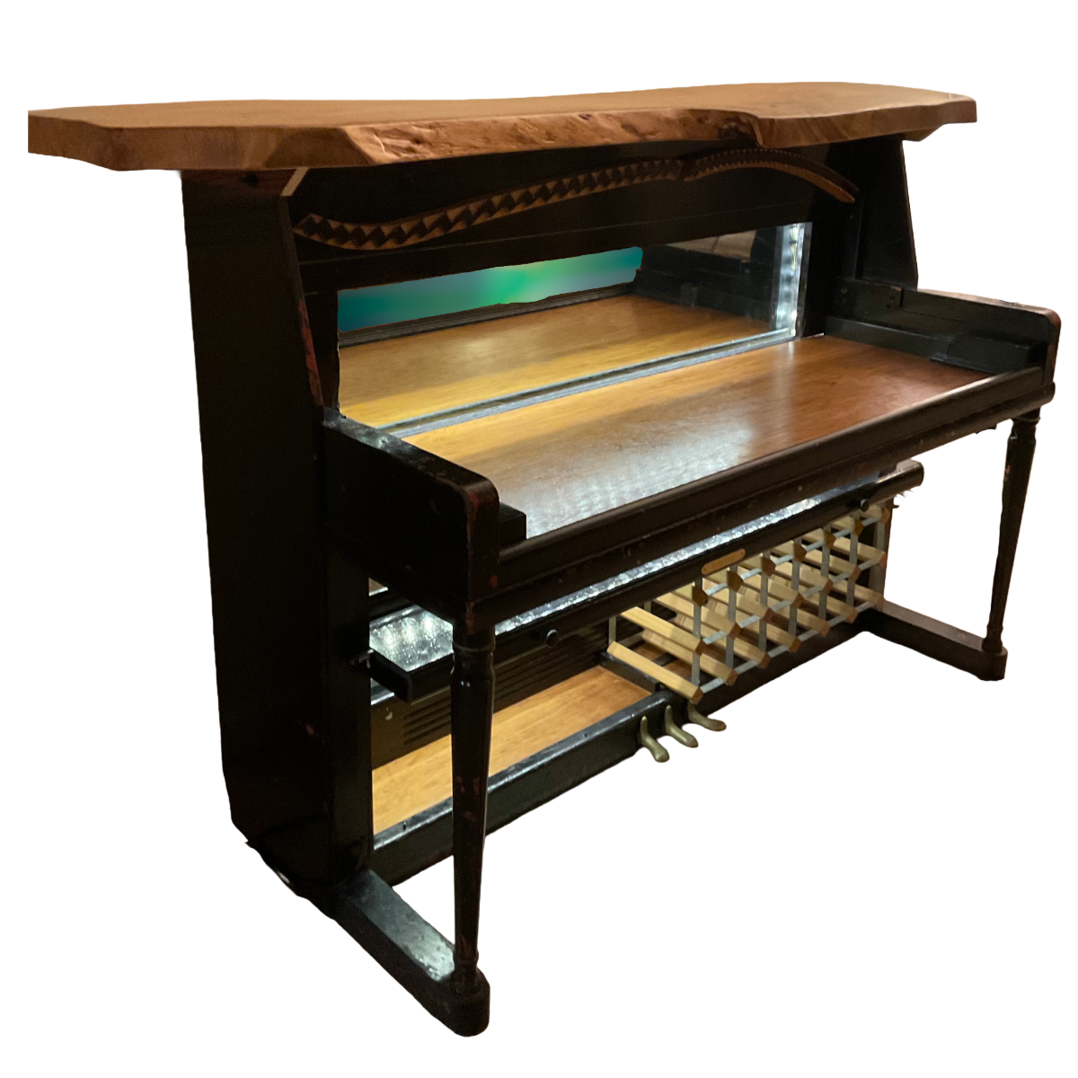 Wooden piano bar with a wine rack underneath on a white background