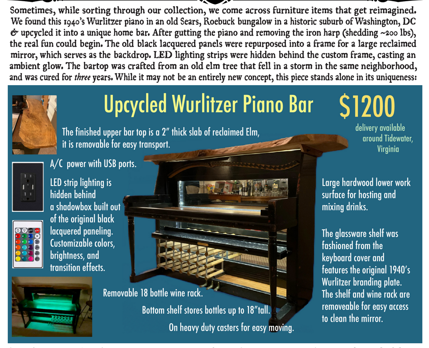 Upcycled Wurlitzer Piano Bar with features and pricing information on a blue background