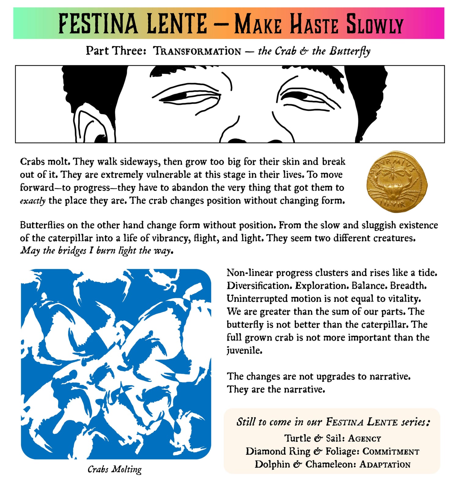 Artistic depiction of a crab and butterfly with text and branding elements.