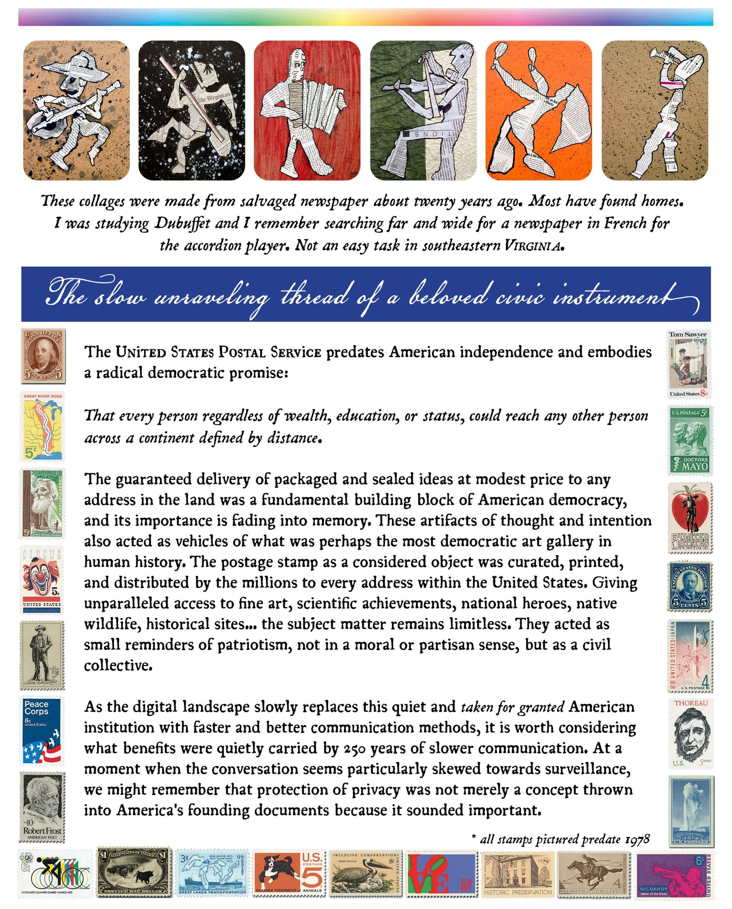 Collage of vintage stamps with text on a white background