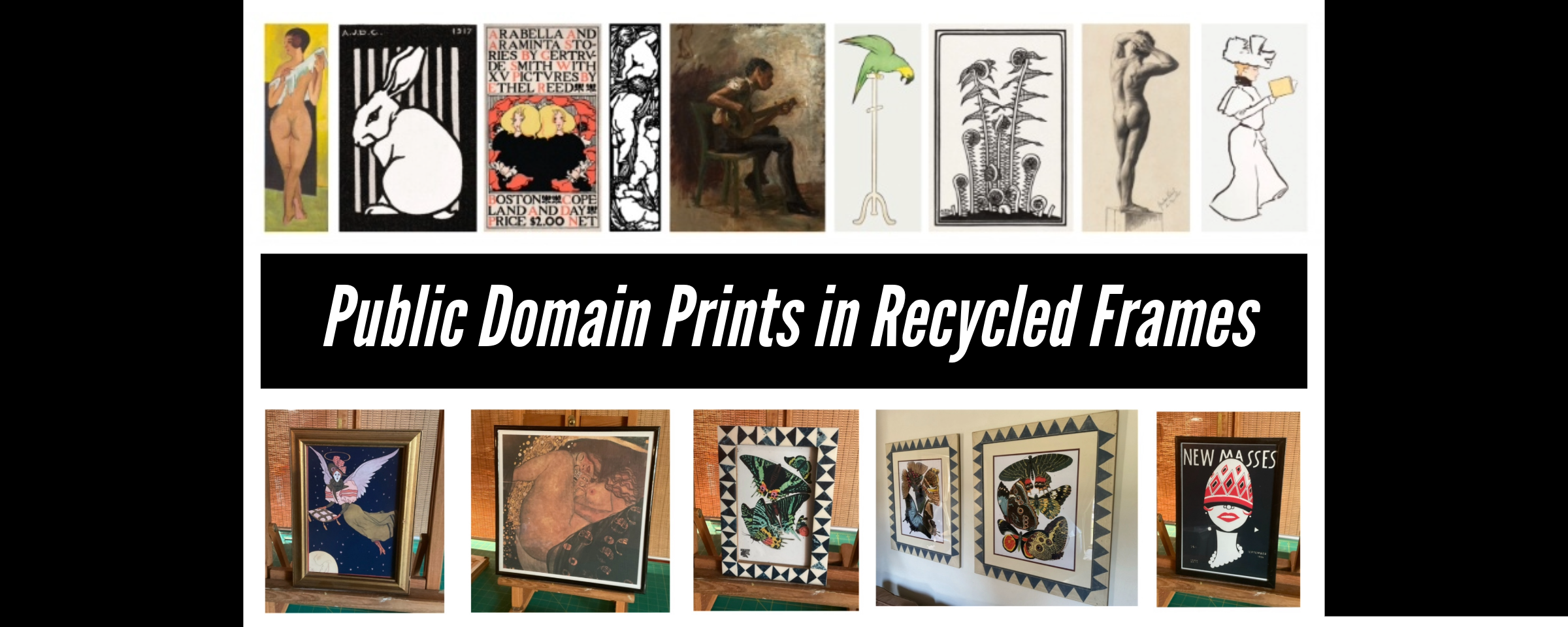 Public domain illustrations placed in recycled frames by our Studio.