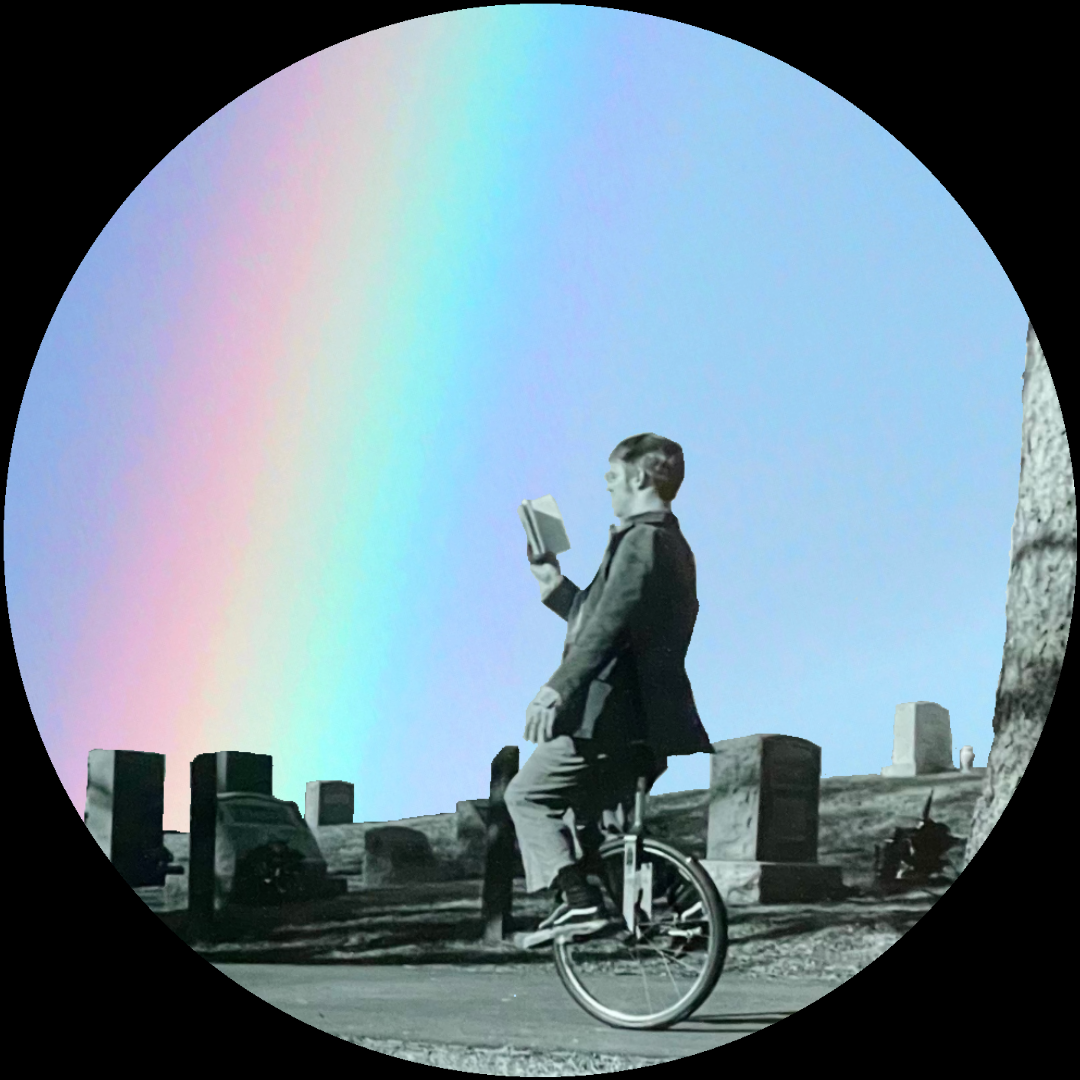 Man riding a unicycle through a graveyard, black-and-white foreground with blue sky and rainbow background.