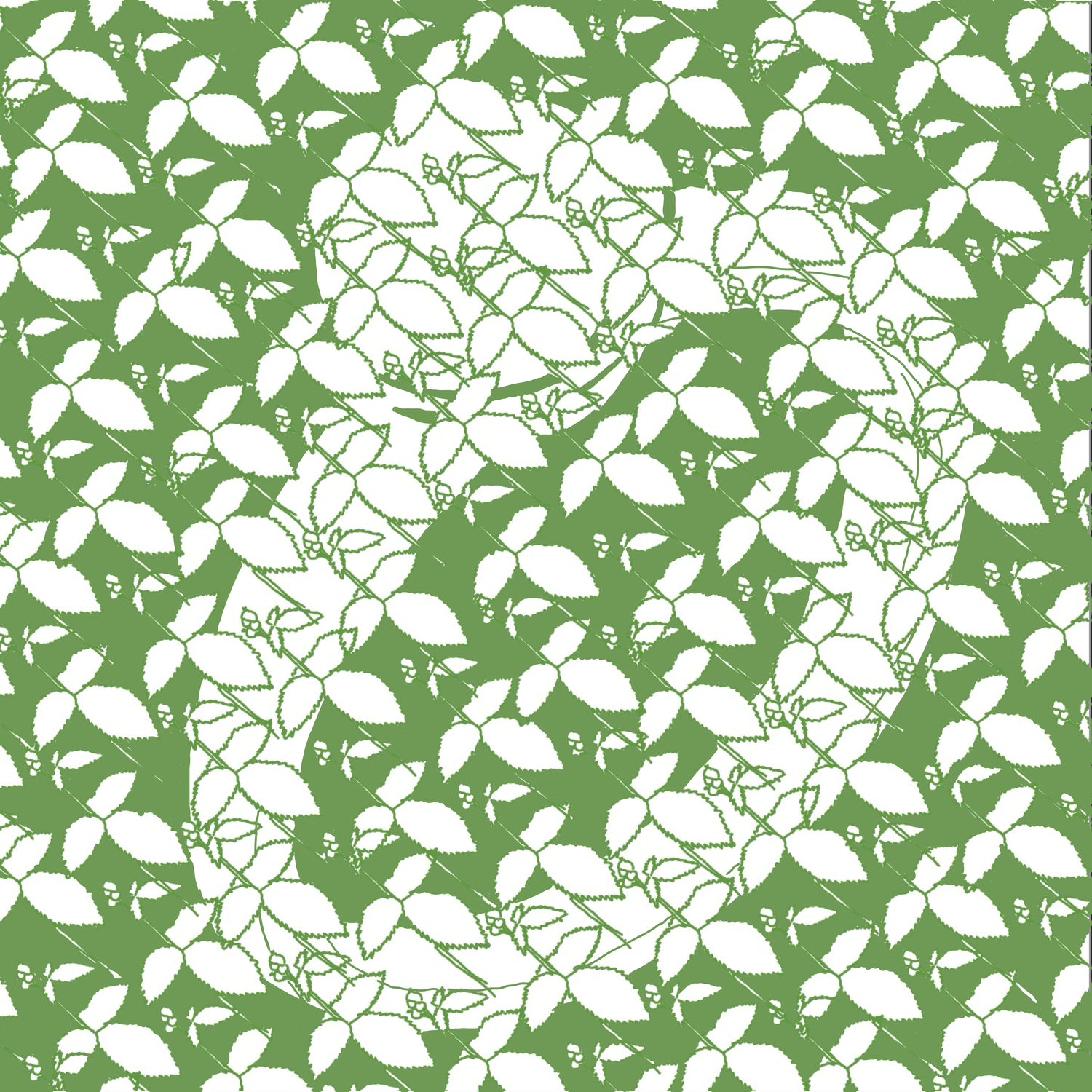 White leaf pattern on a green background with a diamond ring hidden in the background