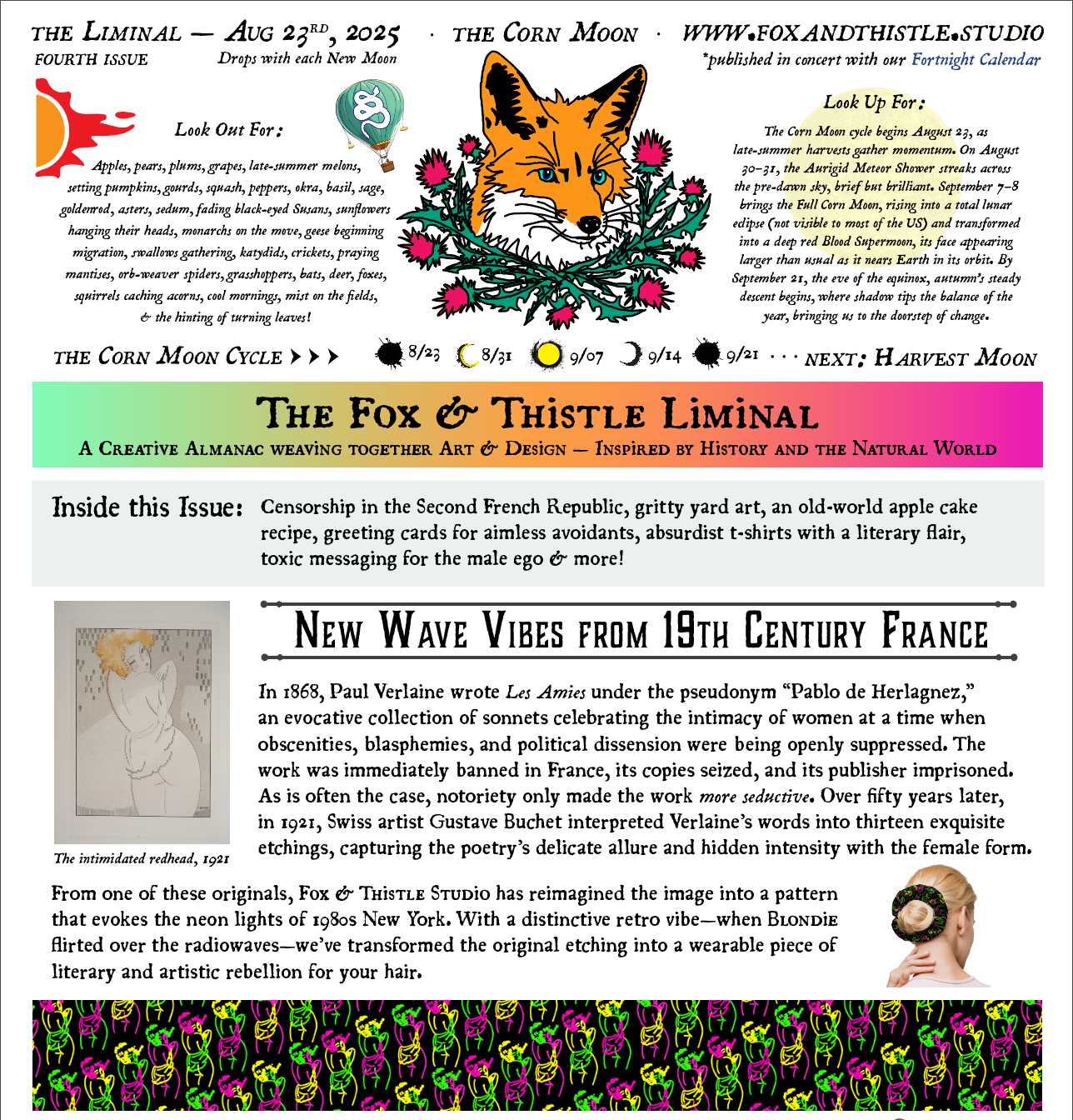 Magazine cover with fox illustration and text about art and design inspired by history and nature.
