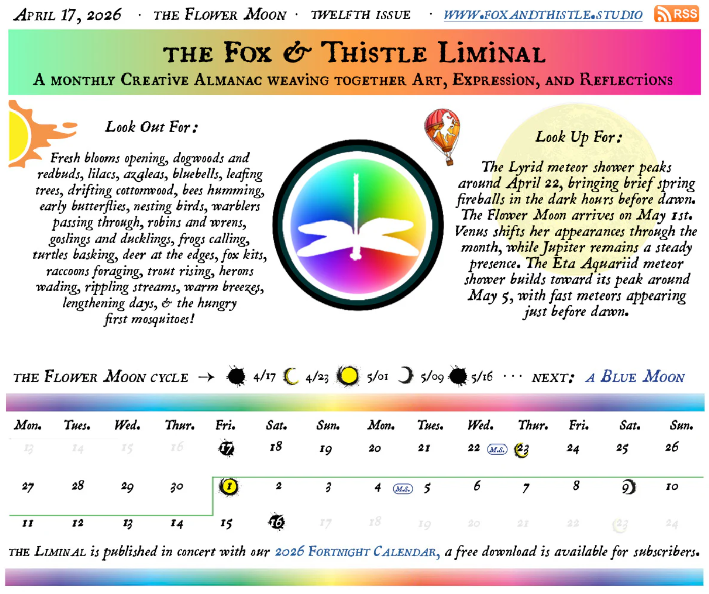 Monthly almanac titled 'The Fox & Thistle Liminal' with colorful design elements and text.