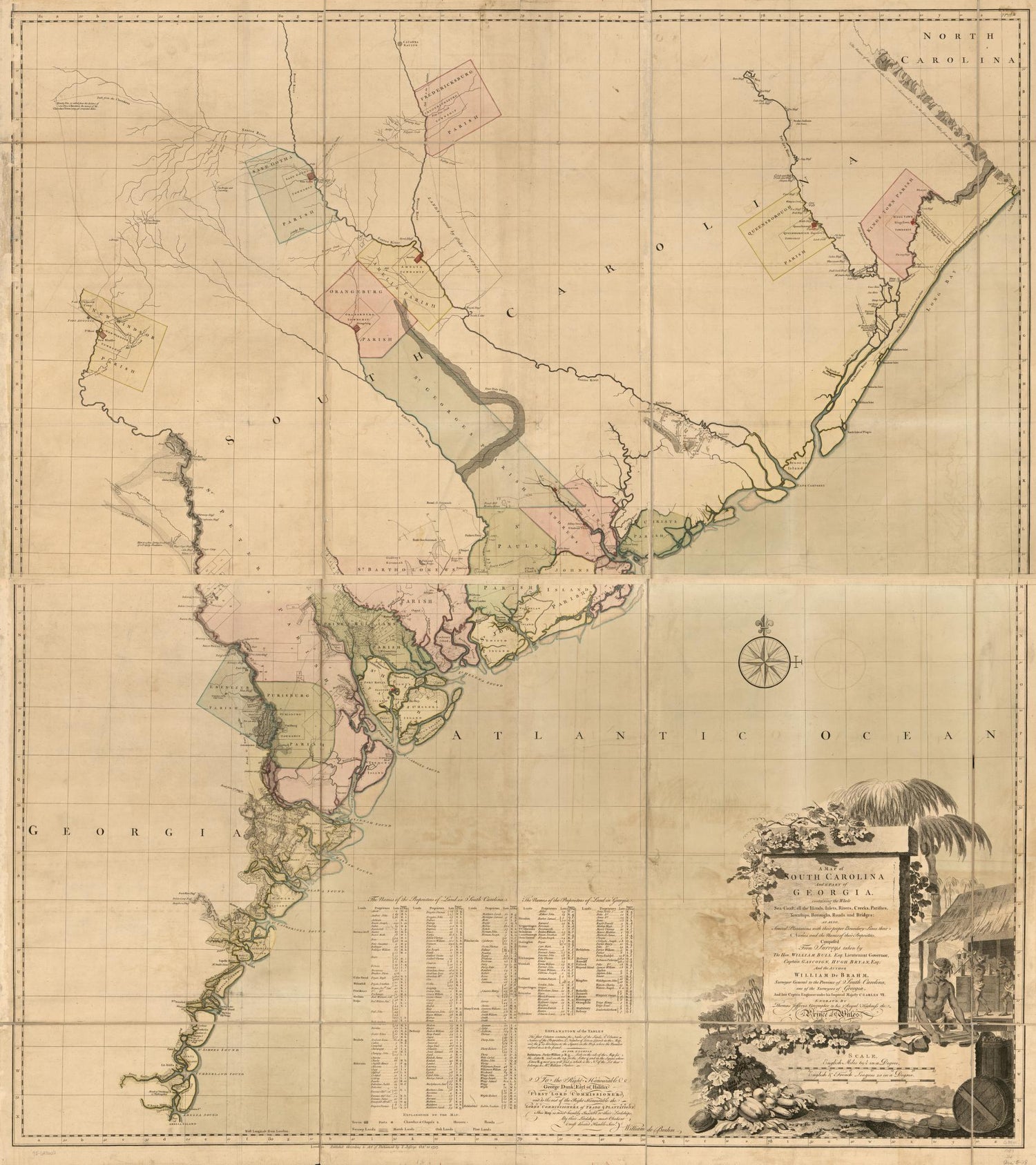 Vintage map from 1757 of the southeastern United States with a compass rose and decorative elements.
