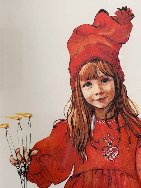 Illustration of a young girl in a red outfit holding candles against a plain background