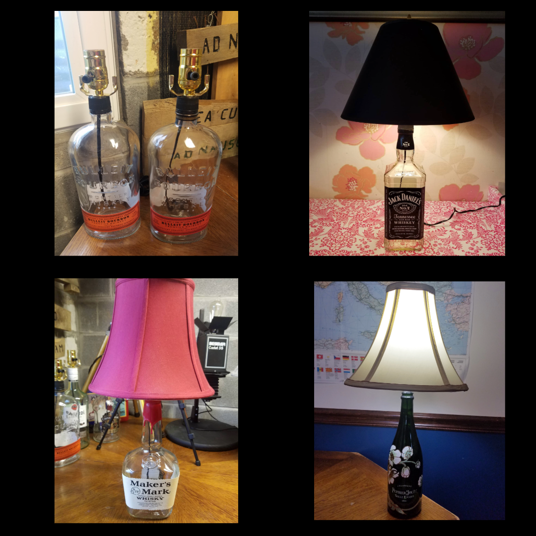 Several lamps made from empty liquor bottles, showcasing creative upcycling.
