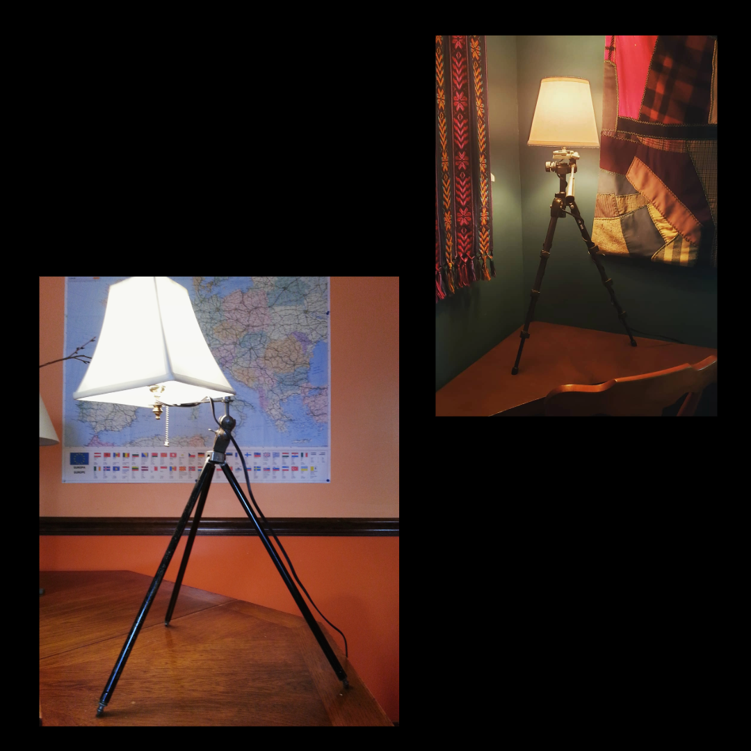 Pair of tripod lamps made from adjustable vintage tripods, repurposed into lighting.