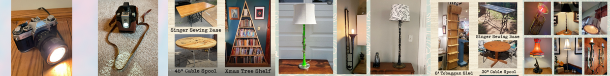 Banner collage showcasing repurposed and upcycled lamps and furniture from the studio.