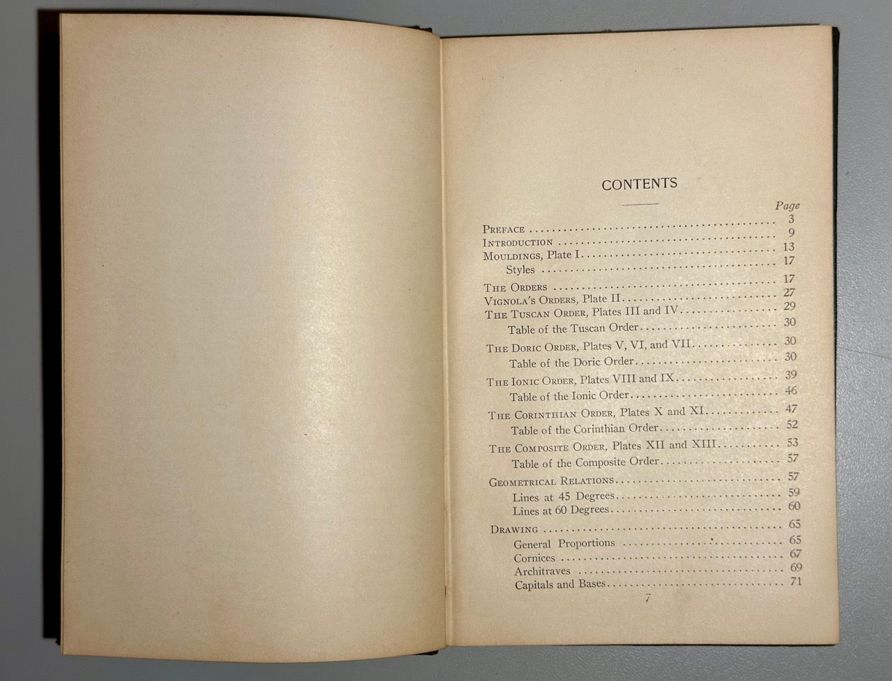 Open book showing a table of contents on a gray background