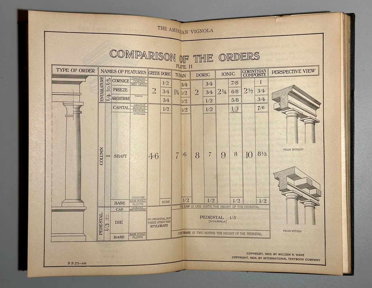 Open book showing architectural comparison chart on a gray background