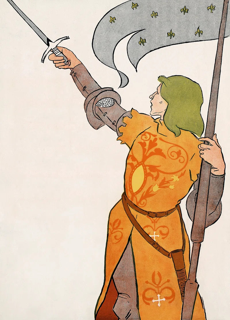 Vintage-style illustration of a medieval knight in an orange tunic with gold floral patterns, holding a sword aloft and a gray banner with fleur-de-lis, on an off-white background.