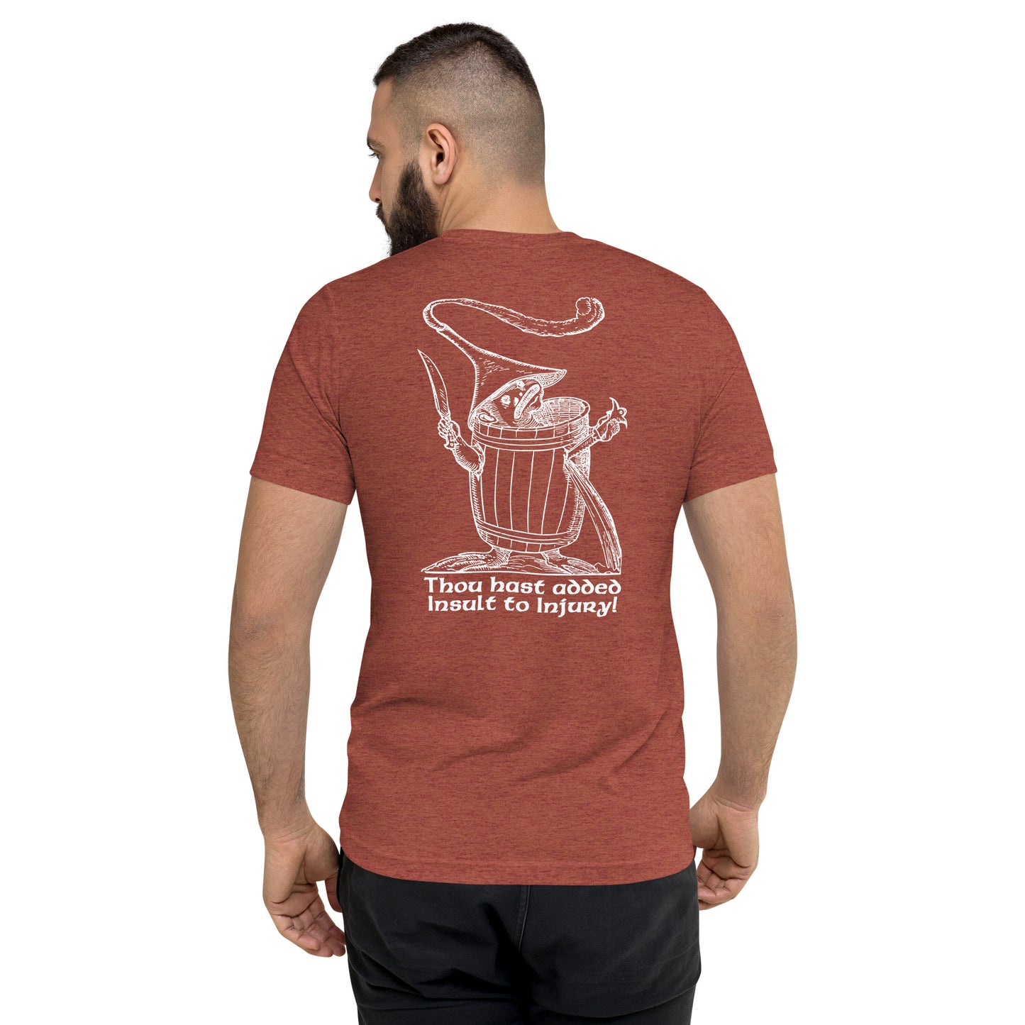 Clay-colored t-shirt displaying Pantagruel’s Dream woodcut graphic with ‘Thou hast added Insult to Injury!’ phrase and mischievous creature design.